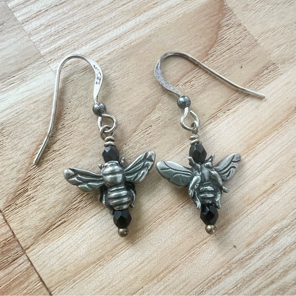 Silver bee earrings on hooks